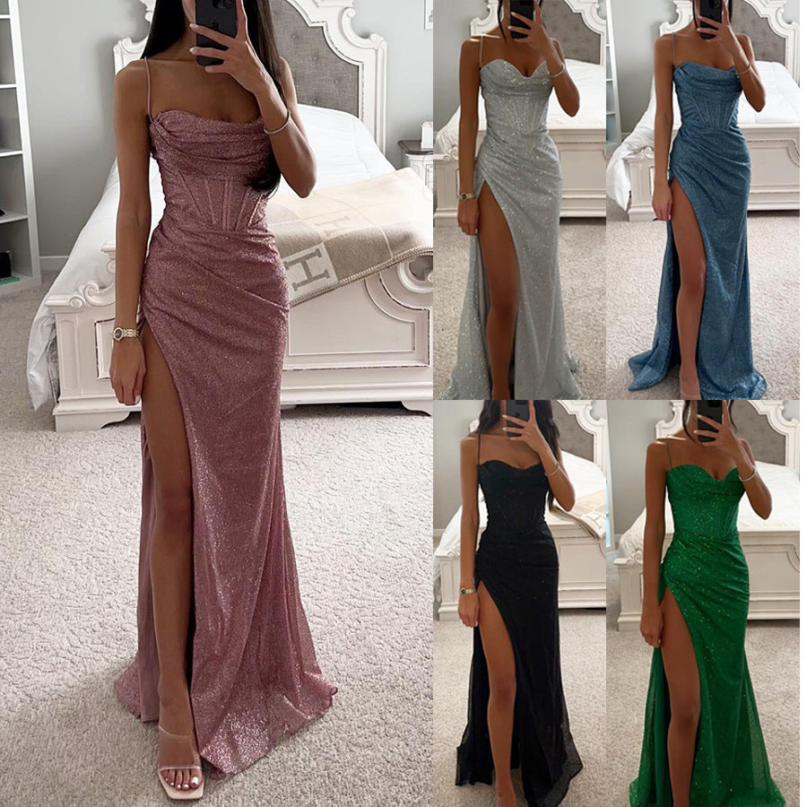 Sexy Split V-Neck Spaghetti Strap Dress – Slim Fit Summer Evening Maxi Dress for Women
