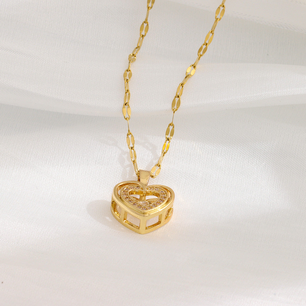 Double-Layer Heart Necklace for Women – Rhinestone Titanium Steel Pendant