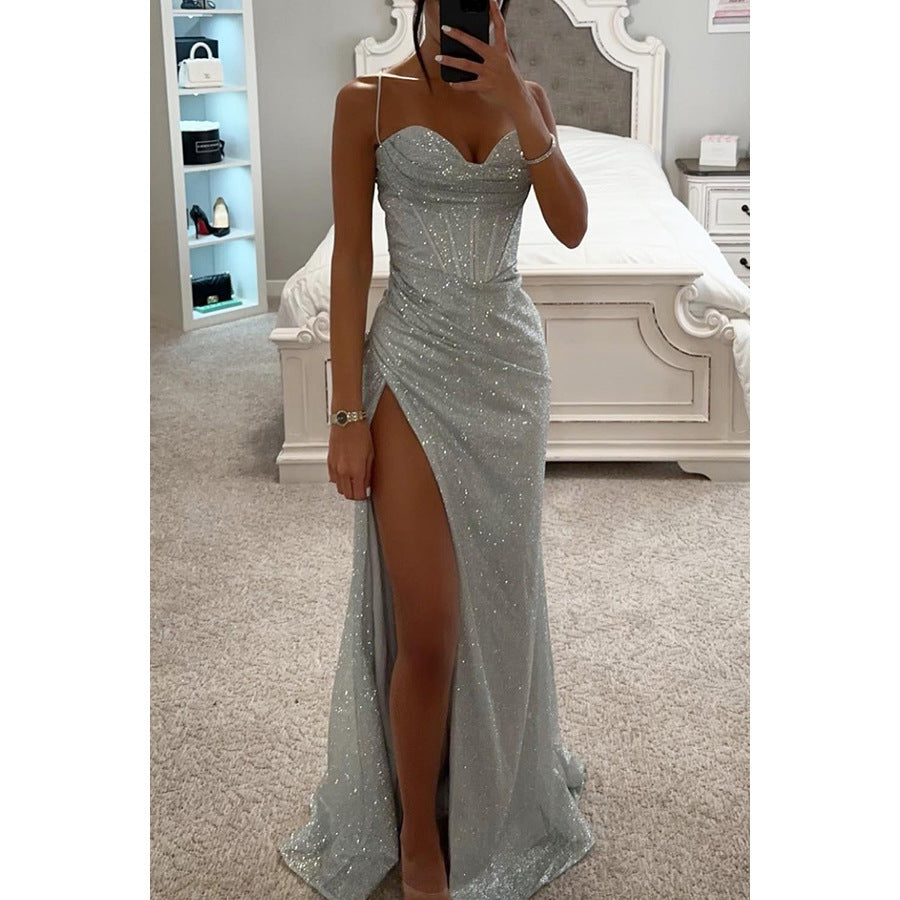 Sexy Split V-Neck Spaghetti Strap Dress – Slim Fit Summer Evening Maxi Dress for Women