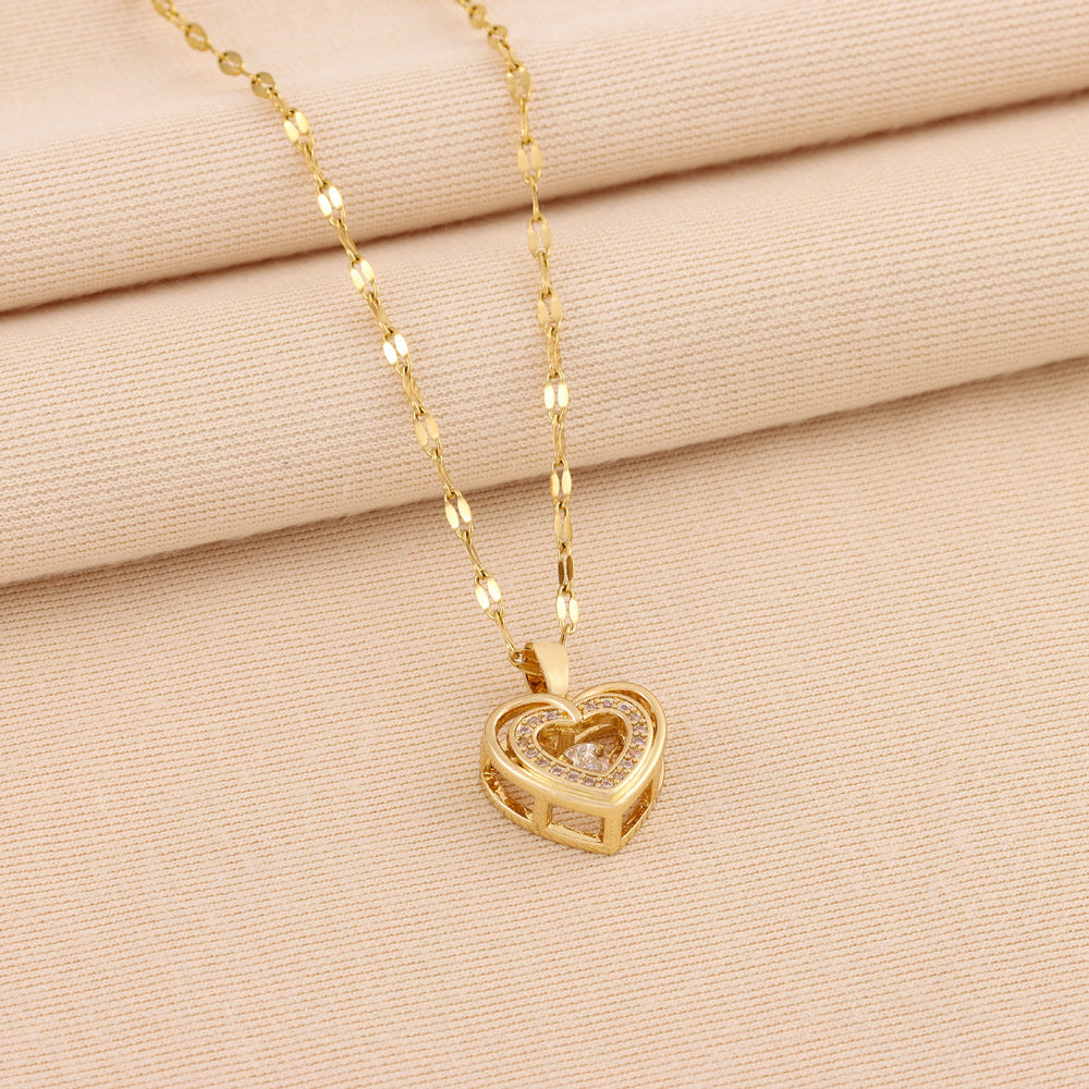 Double-Layer Heart Necklace for Women – Rhinestone Titanium Steel Pendant