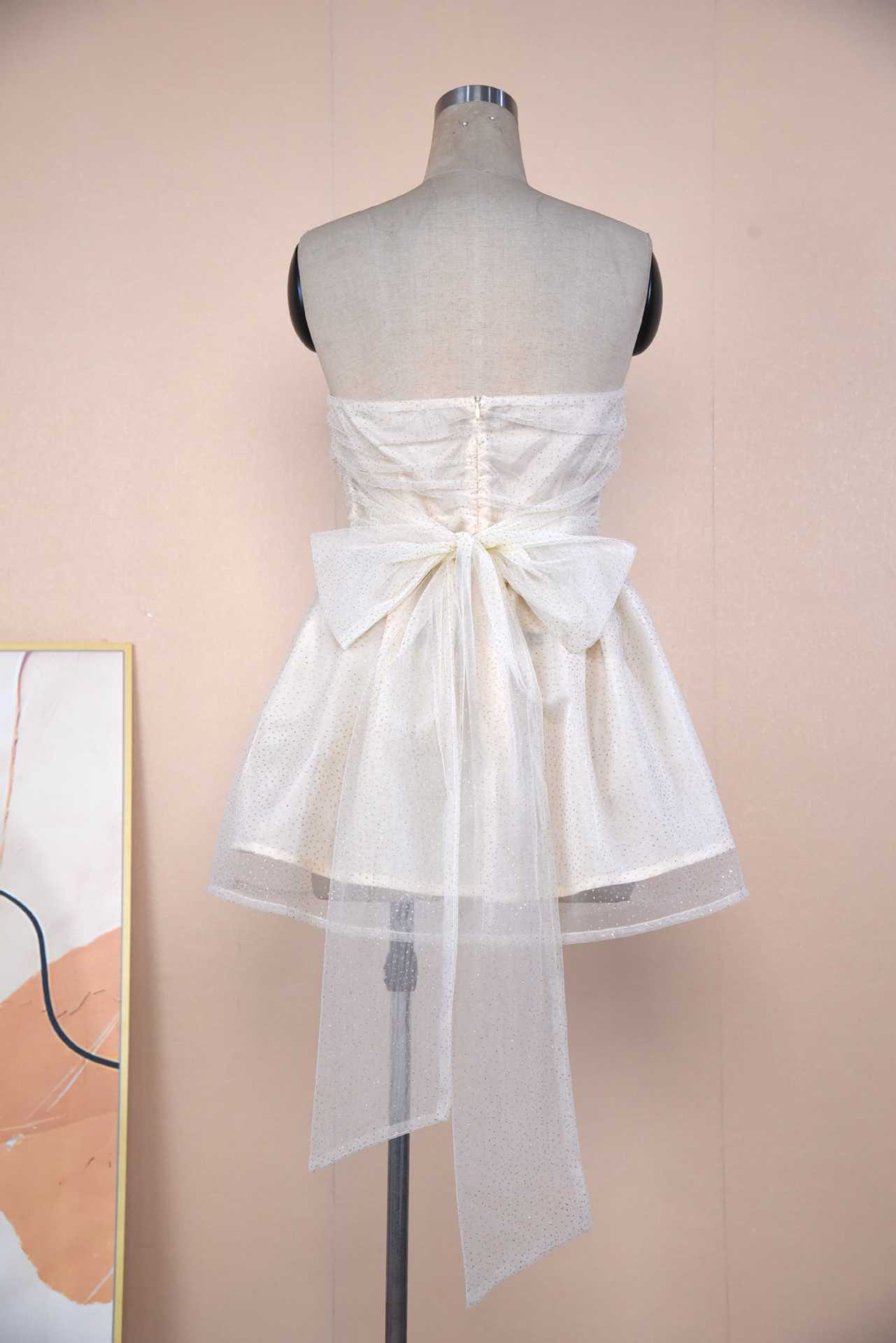 Summer Lace Tube Dress with Back Bow – Off-Shoulder Mesh Mini Dress