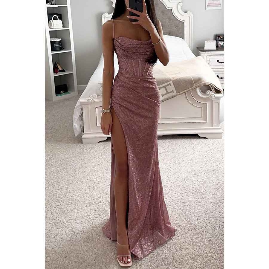 Sexy Split V-Neck Spaghetti Strap Dress – Slim Fit Summer Evening Maxi Dress for Women