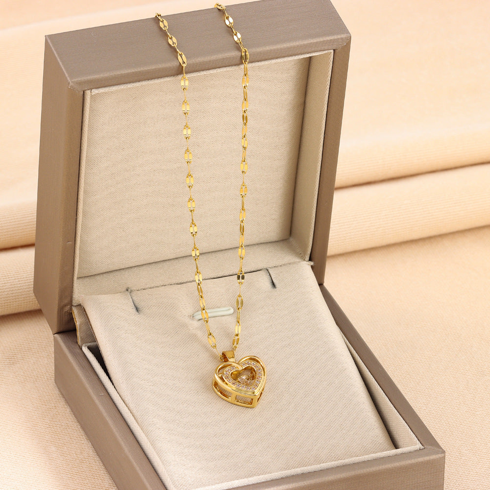 Double-Layer Heart Necklace for Women – Rhinestone Titanium Steel Pendant