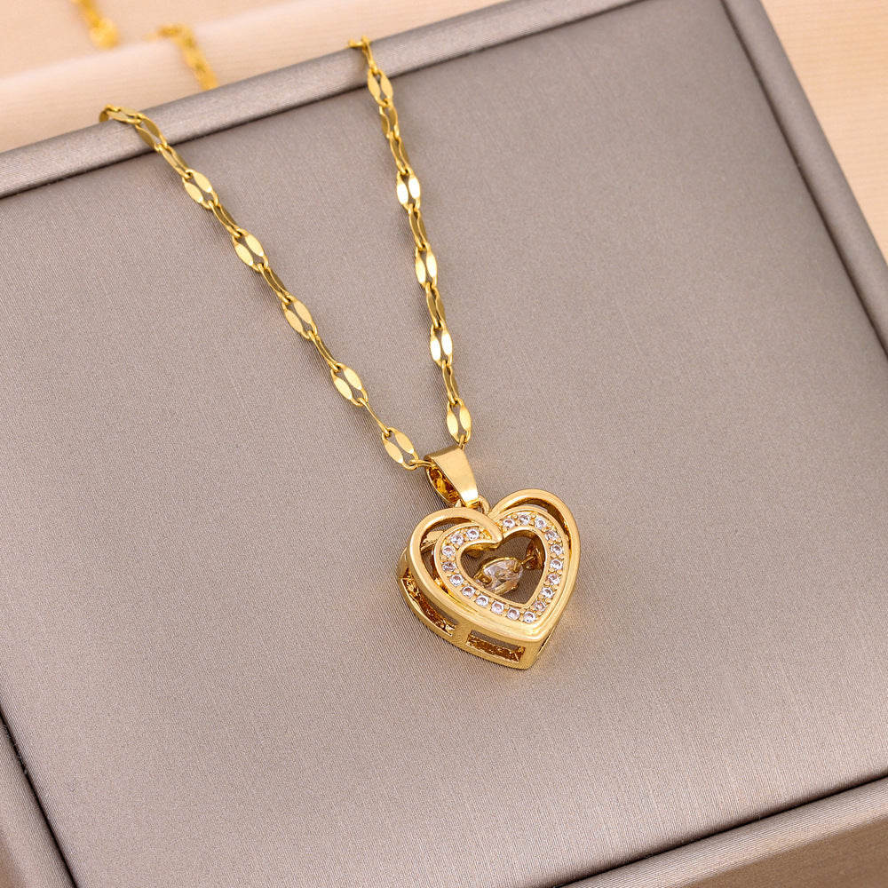 Double-Layer Heart Necklace for Women – Rhinestone Titanium Steel Pendant