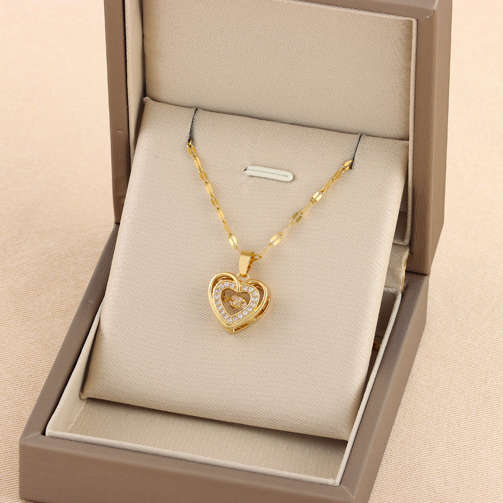 Double-Layer Heart Necklace for Women – Rhinestone Titanium Steel Pendant