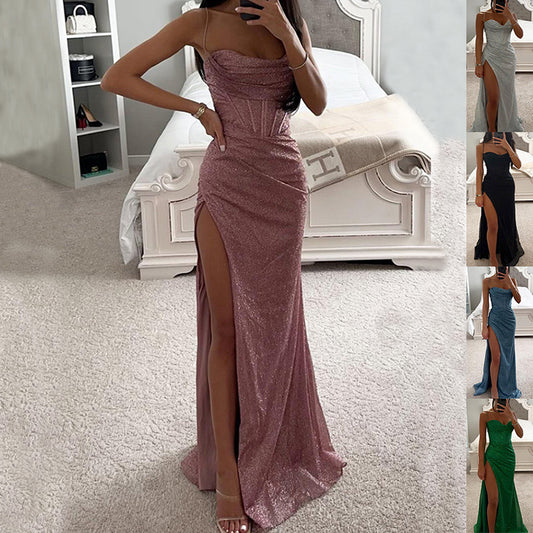 Sexy Split V-Neck Spaghetti Strap Dress – Slim Fit Summer Evening Maxi Dress for Women