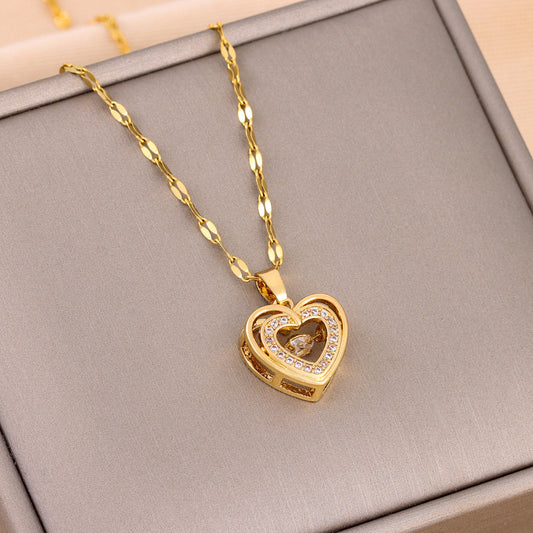 Double-Layer Heart Necklace for Women – Rhinestone Titanium Steel Pendant